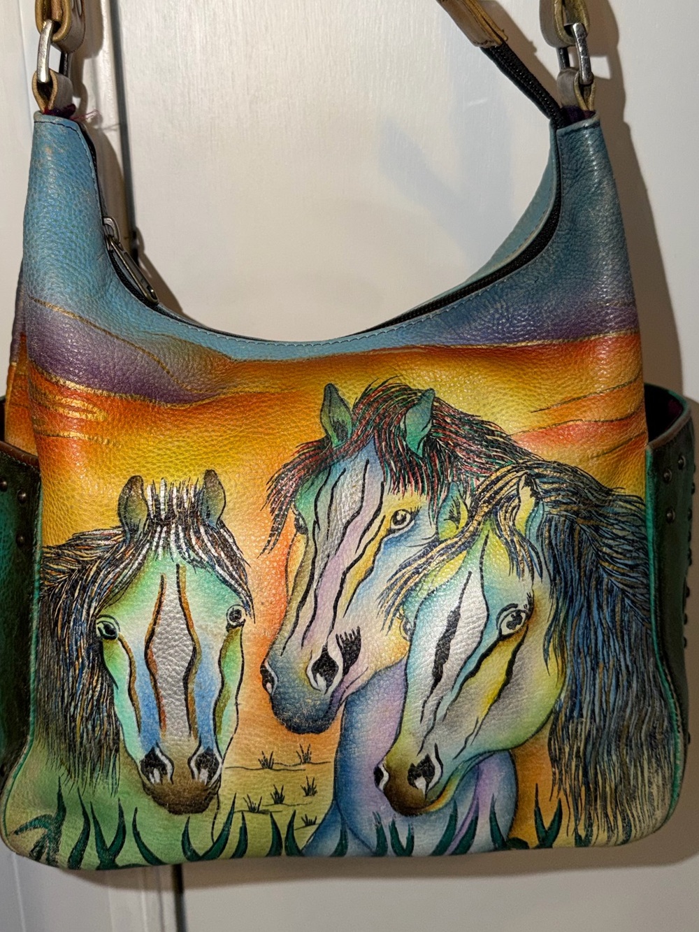 Anuschka 3 Wild Horses at Sunset Hand-Painted Leather Hobo Shoulder Purse/Bag